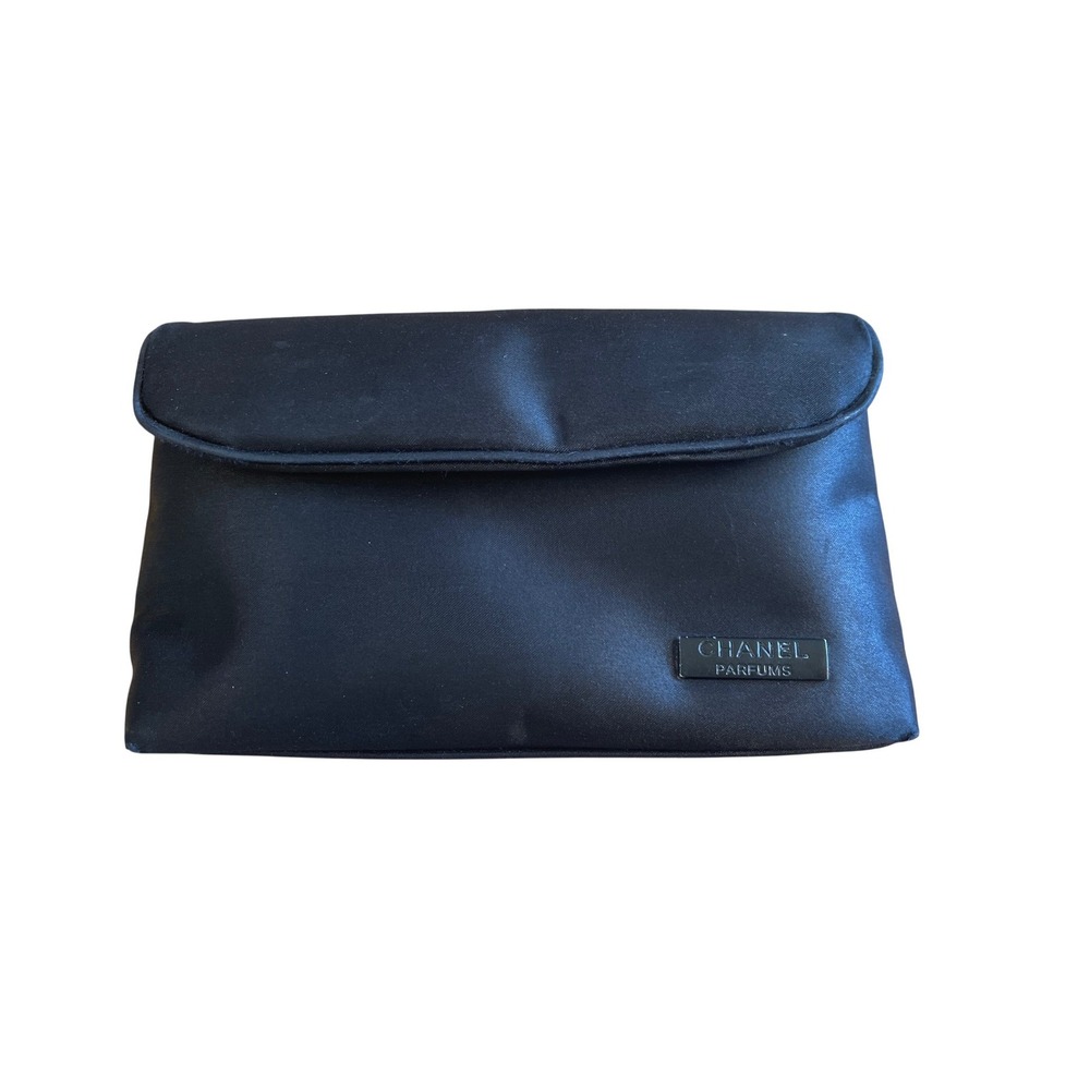 Chanel Parfums Black Satin Makeup Bag Cosmetic Clutch Pouch Zip Logo CC Lining